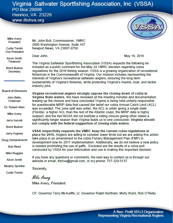 VSSA Cobia Letter Final 19 May 16