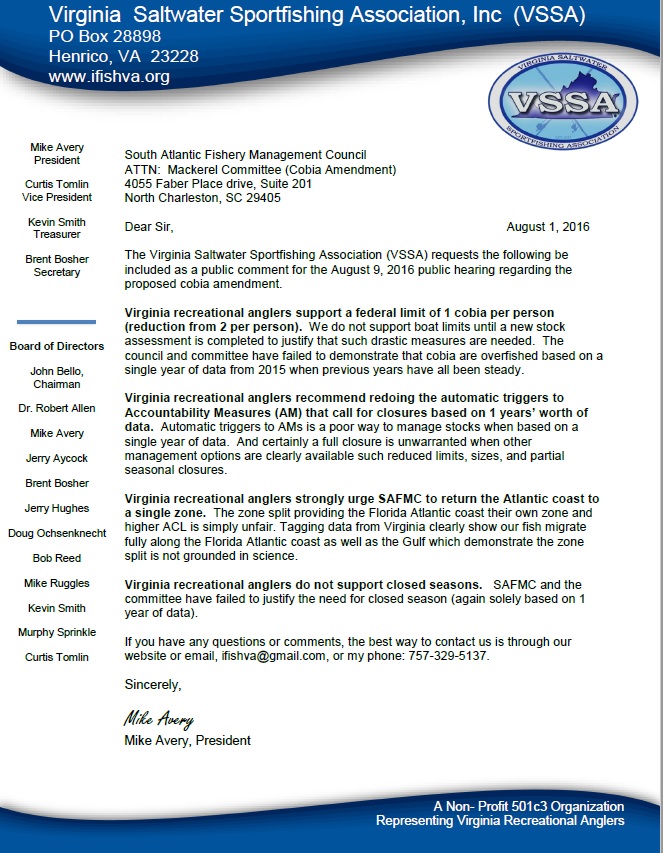 VSSA Cobia Letter SAFMC 1 Aug 16